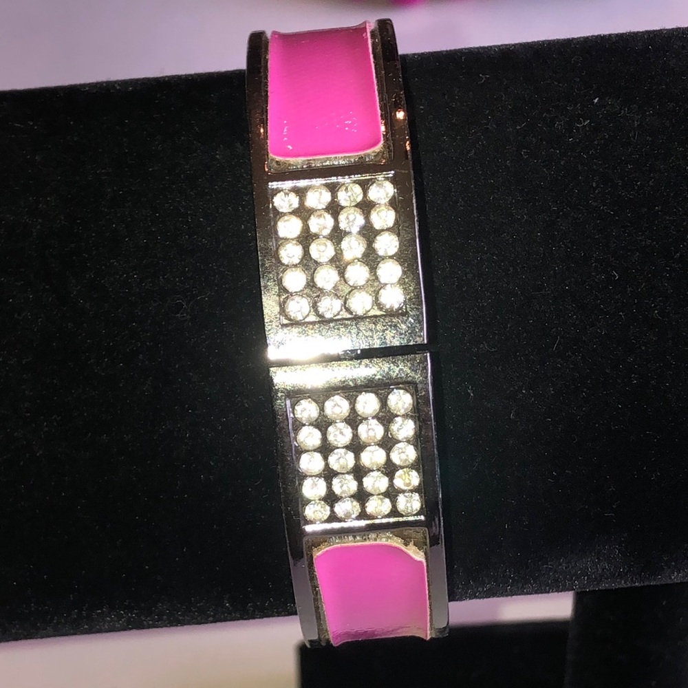 Dark Metal and Pink Crystal Accent Bangle Bracelet